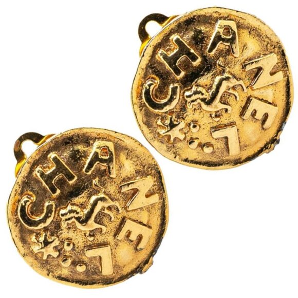 CHANEL Logos Clip-On Earrings Gold Tone 23 Auth w/Box #4666 - Picture 1 of 6